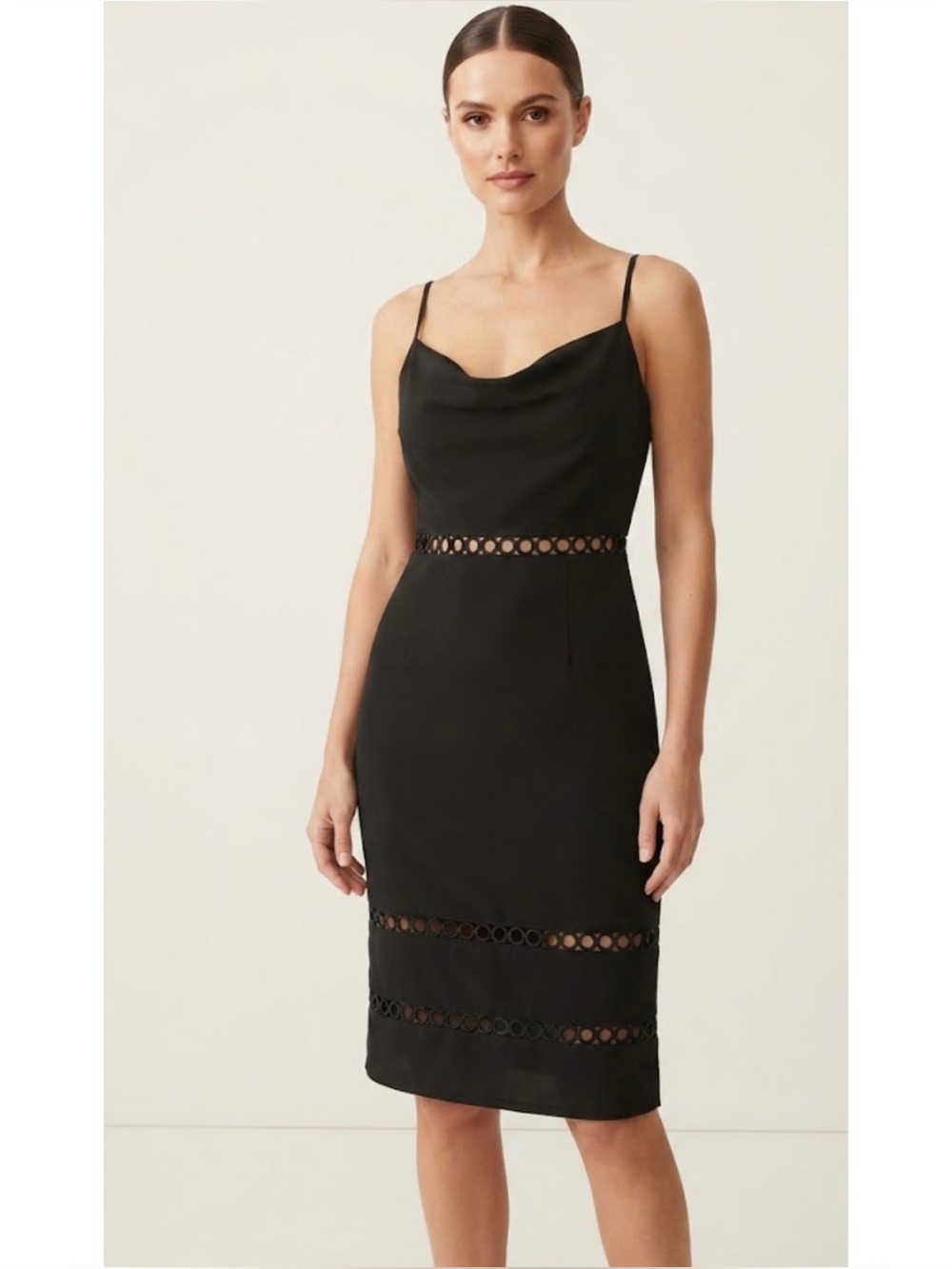 Mystic Los Angeles Cowl Neck Circle Cut Out Midi Dress